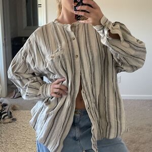 Vintage Boho City Streets Cotton Linen Blend Striped High Neck‎ Long Sleeved